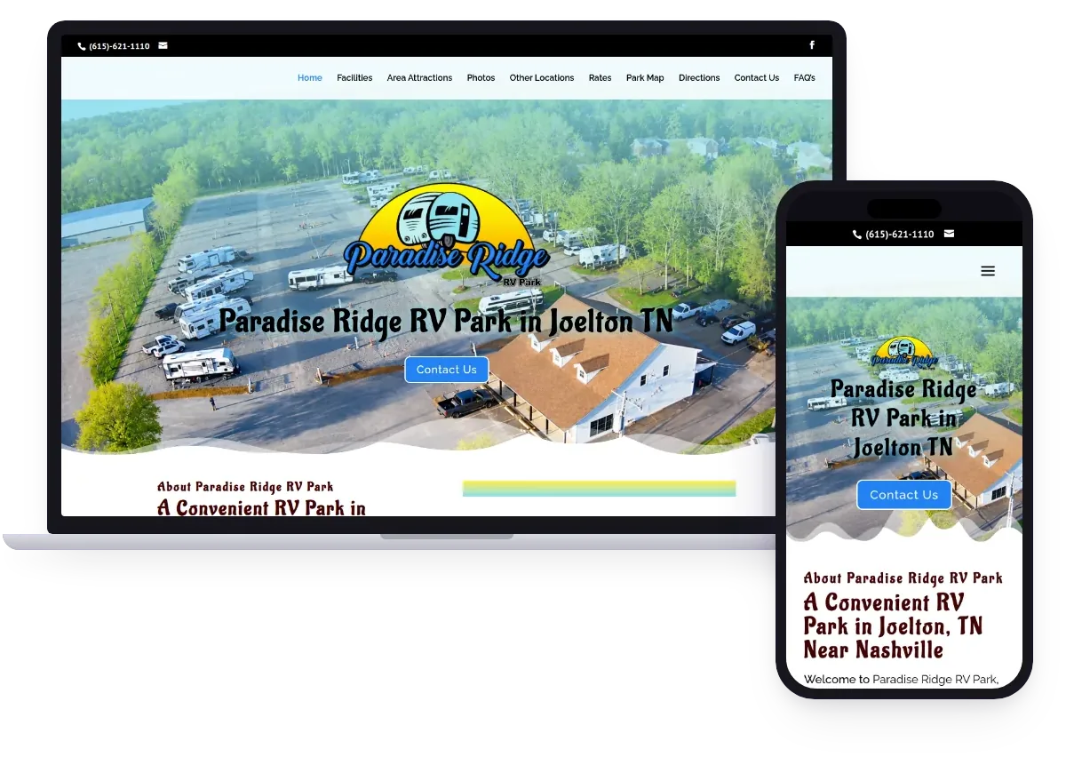 Small business website design example: Paradise Ridge RV Park website shown on a laptop and a phone
